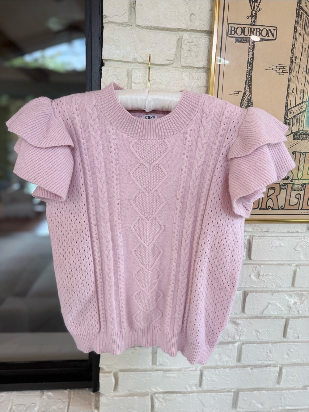 Cake Pink Cable-Knit Short Sleeve Ruffle Sweater Top